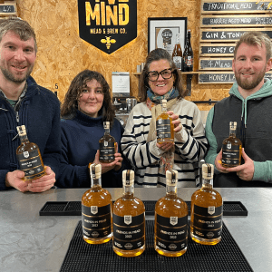 Matt Newell, Jenna Morice, Tortie Farrand and Kit Newell with Guild of Fine Food and Hive Mind Mead's charity mead: Friends in Mead