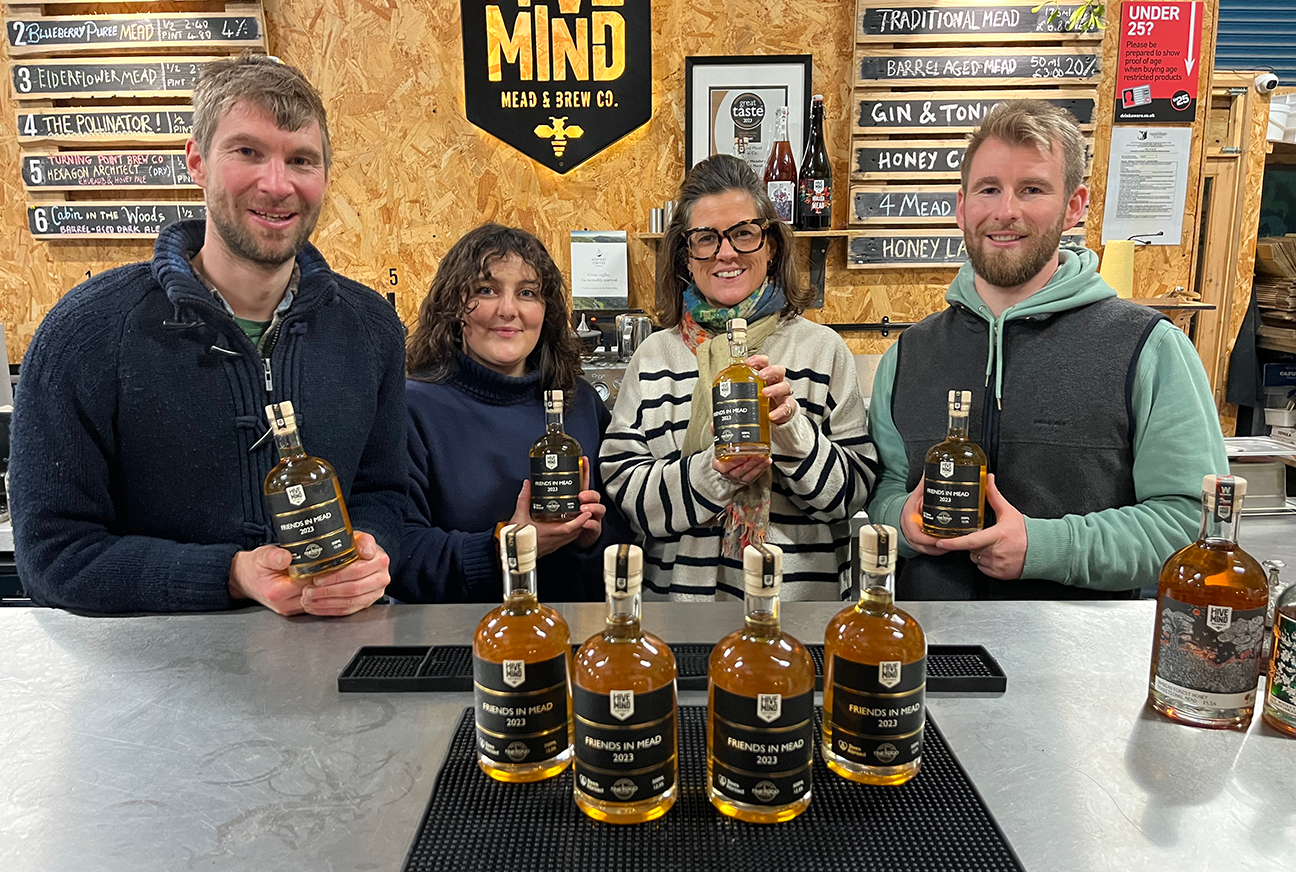 Matt Newell, Jenna Morice, Tortie Farrand and Kit Newell with Guild of Fine Food and Hive Mind Mead's charity mead: Friends in Mead