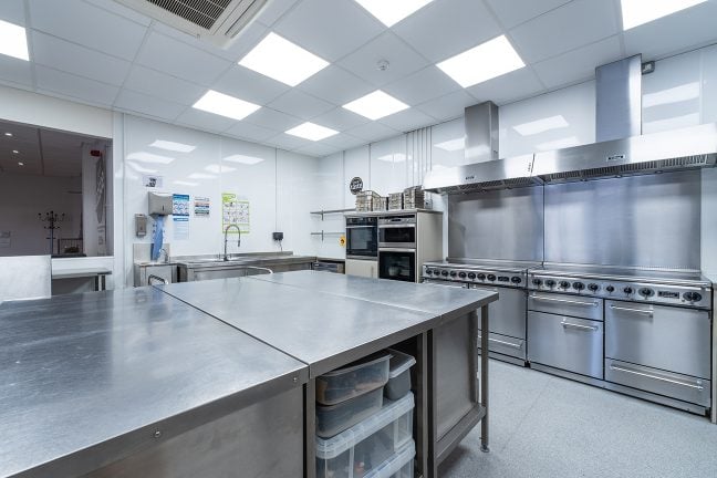 An open plan kitchen is linked to the main training room. The kitchen is fully equipped with professional cookware and equipment.